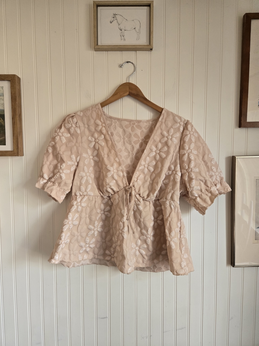 Blush Pink Floral Tie-Front Peplum Babydoll Boehmian Blouse